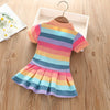A colorful kids summer dress featuring horizontal rainbow stripes in pink, orange, yellow, blue, and purple.