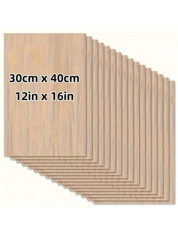 A stack of light brown basswood plywood sheets, measuring 30cm x 40cm or 12in x 16in, shown at an angle.