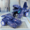 A blue dinosaur transforming car toy is shown in a display setting with futuristic panels.