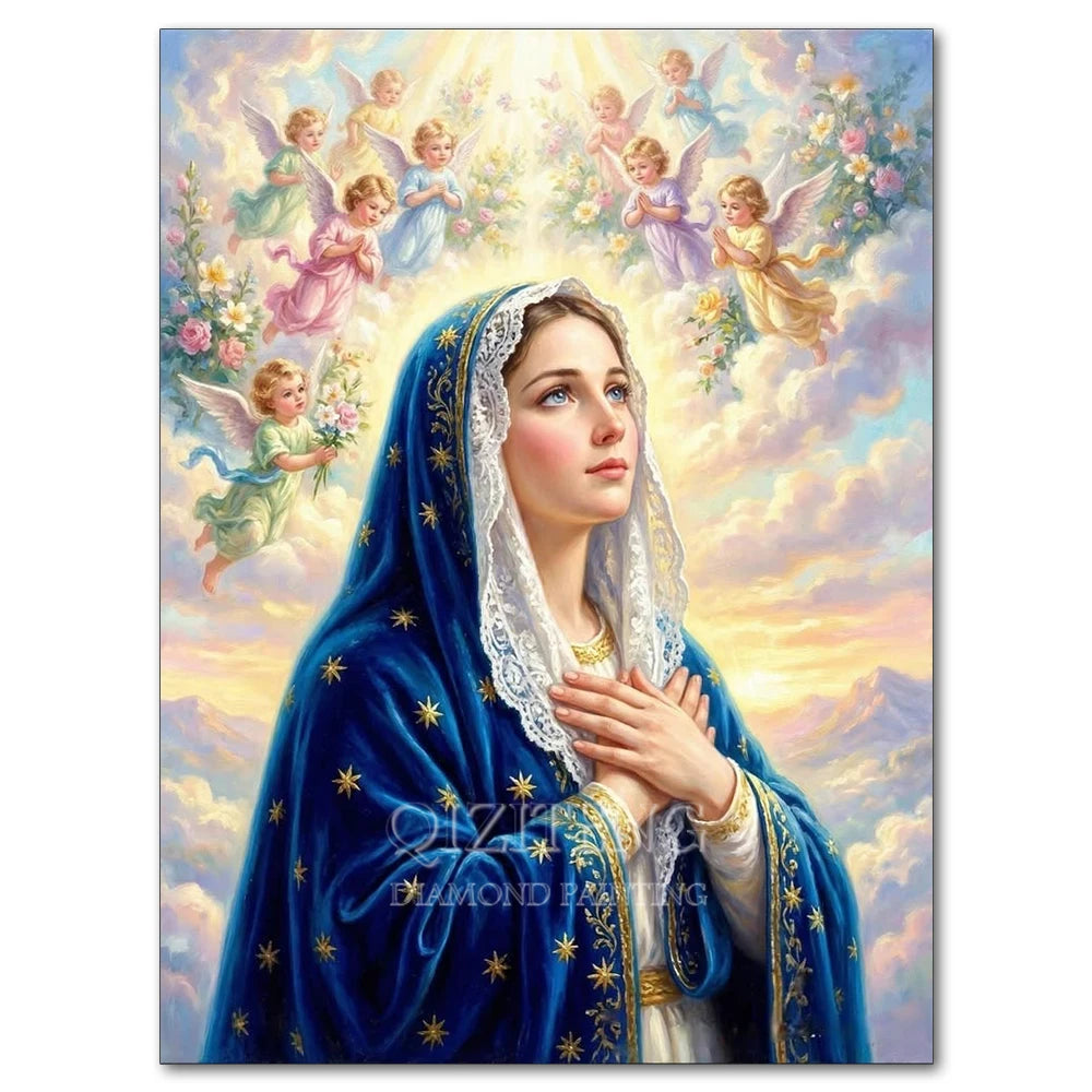 Diamond painting of Jesus and Virgin Mary with angels in a bright, celestial setting