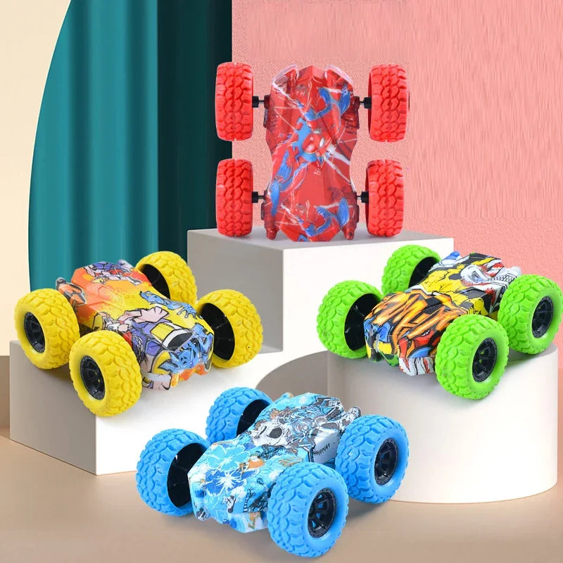 A set of pull-back inertia car toys featuring flip-over action in various colors like red, yellow, and blue.