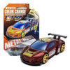 A red pull-back racing car model with yellow accents, shown next to its packaging.
