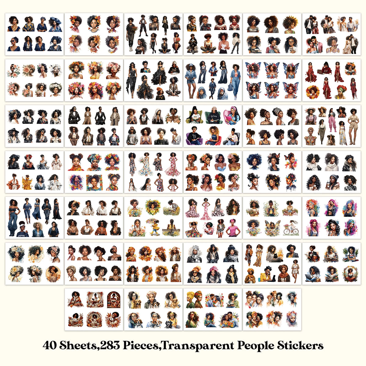 A collection of 283 transparent people stickers organized in sheets for scrapbooking and decor