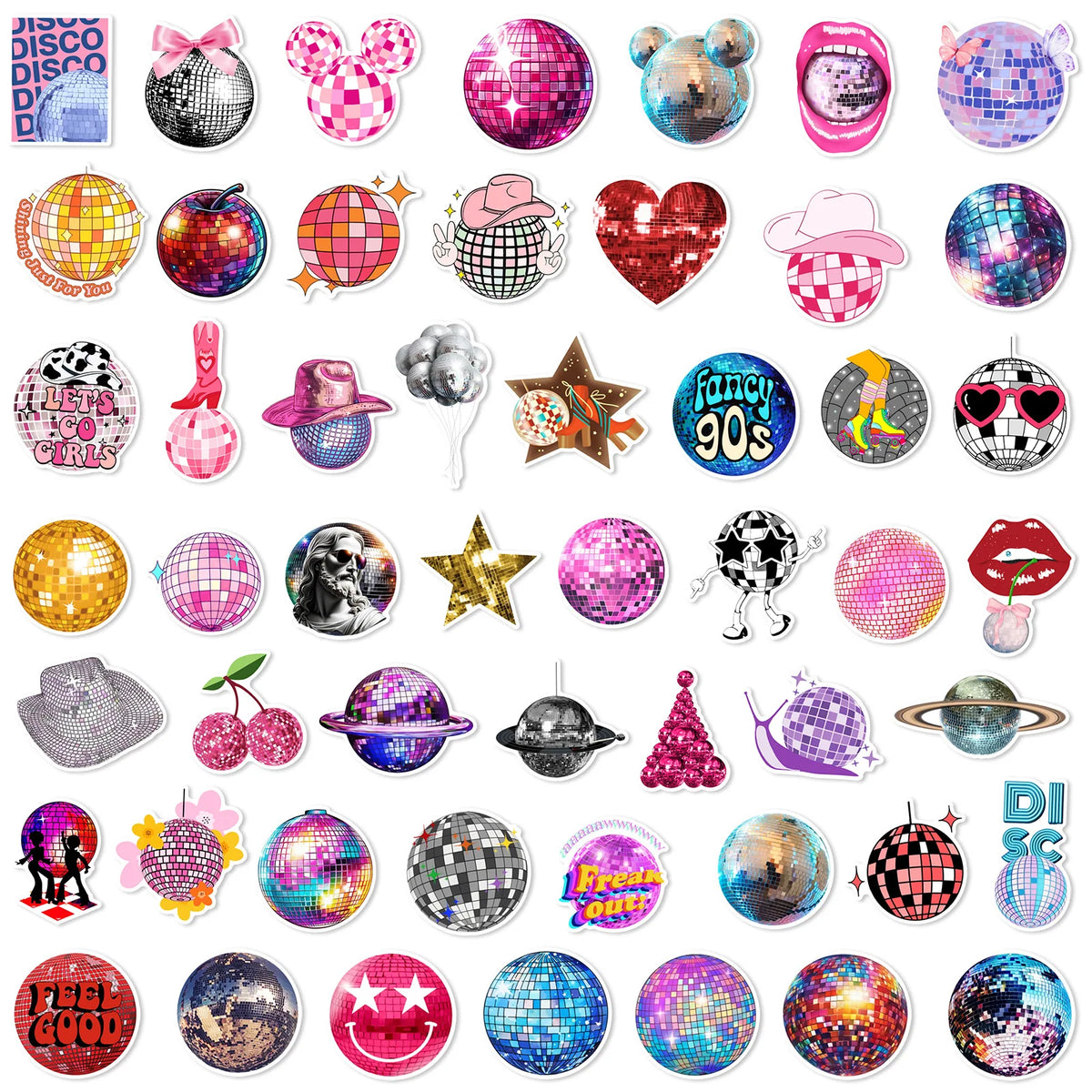 A collection of colorful and sparkly disco girl themed vinyl stickers featuring various glitter, holographic, and patterned d