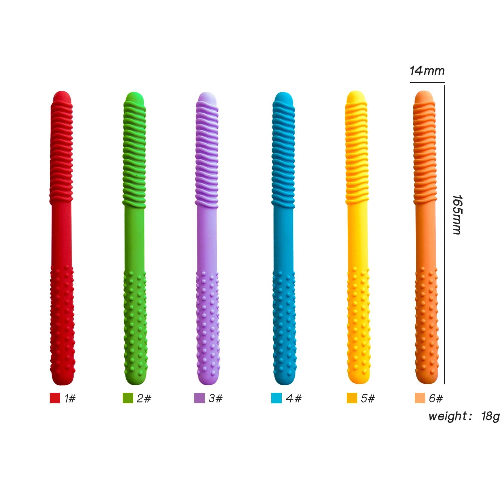A set of six silicone chewing tubes for oral motor training and teething relief in various colors.