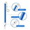A blue slide whistle toy with a metal lever and a playing-grade flute component shown in detail.