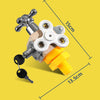 A wooden busy cube sensory learning toy with a metal faucet and various components shown against a yellow background.
