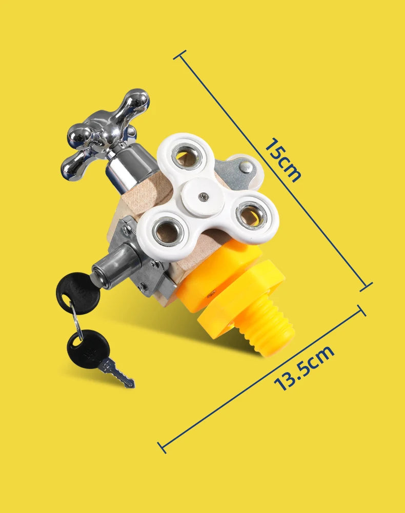 A wooden busy cube sensory learning toy with a metal faucet and various components shown against a yellow background.