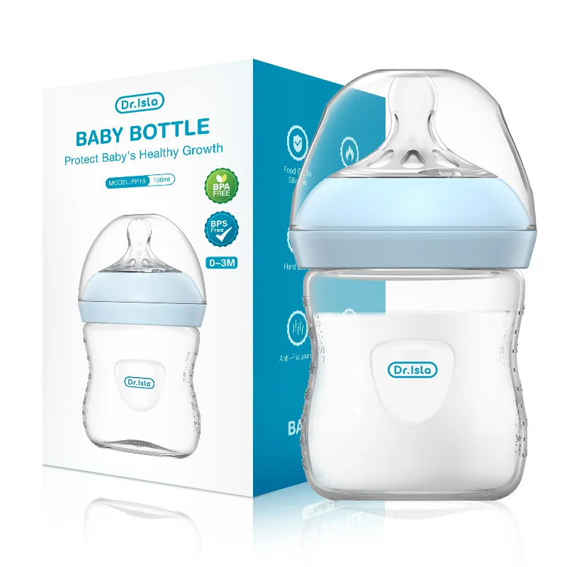 A clear baby bottle with a silicone nipple and handle is shown next to its packaging box.
