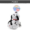A white dog toy shaped like a Dalmatian with a glowing ball on its head.