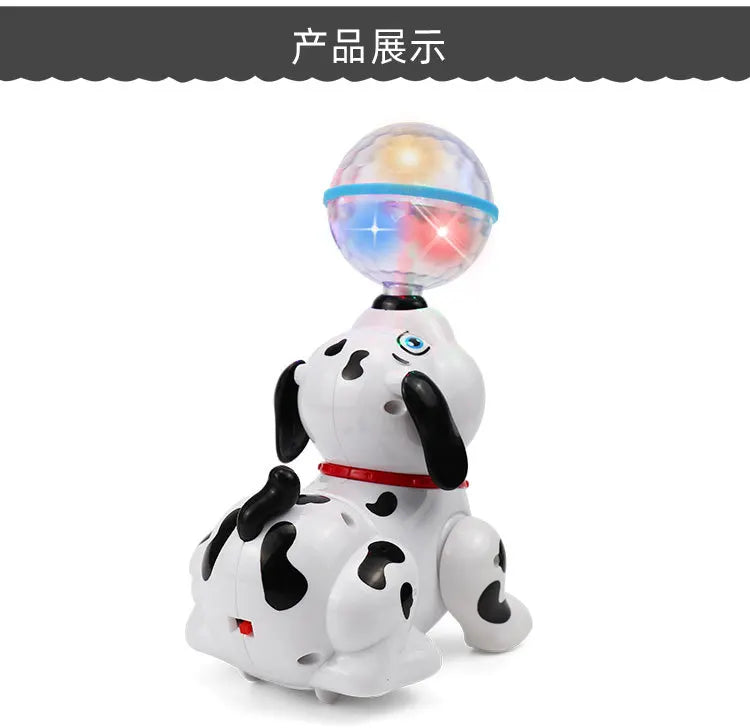 A white dog toy shaped like a Dalmatian with a glowing ball on its head.
