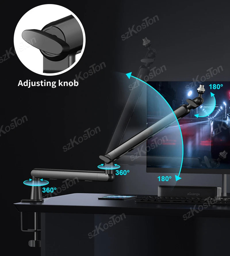 A black low profile microphone arm with an adjusting knob is shown extending over a desk, demonstrating 360 and 180-degree mo
