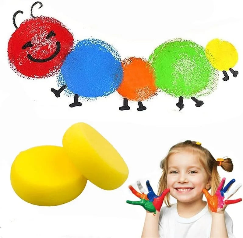 A set of colorful soft dense paint sponges in red, blue, orange, and green are shown next to a smiling girl.
