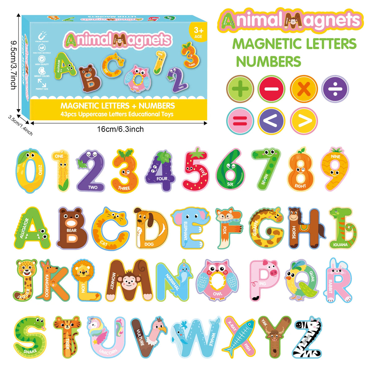 A colorful magnetic letters and numbers set featuring fruits, vegetables, and alphabet letters for educational toys.