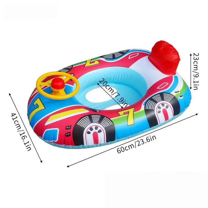 A colorful inflatable car-shaped baby pool float with a safety seat and handles.