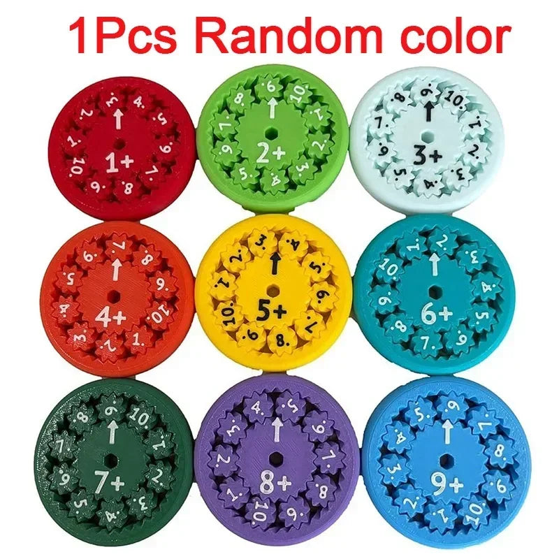 Nine colorful math fidget spinners in various colors and numbers for educational play