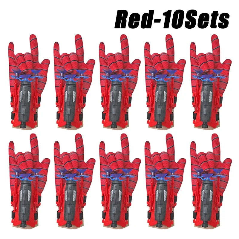 A set of red superhero spider launcher gloves with suction cup projectiles.