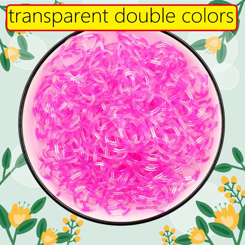 Runde Anzeige von transparenten Gummi-Webereibändeln in verschiedenen Rosa- und Magentatönen.