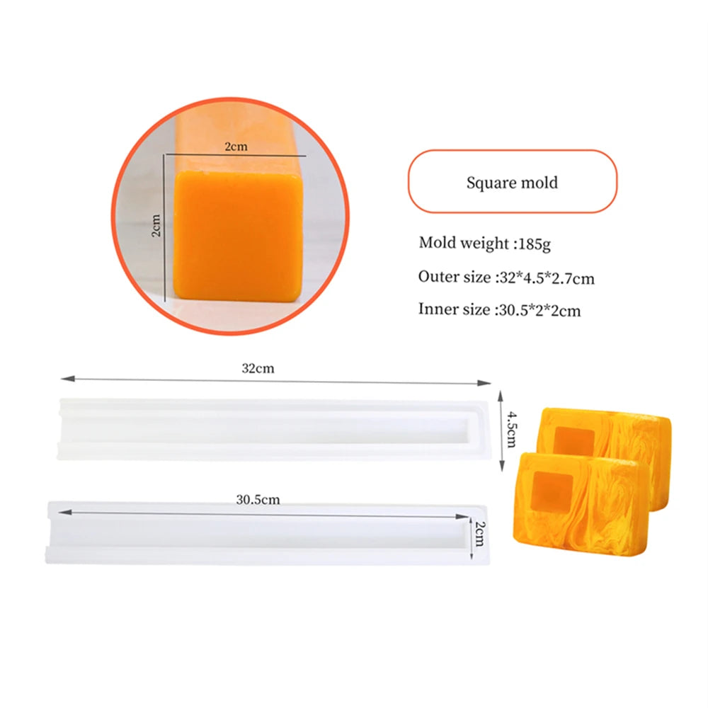 A set of silicone molds for soap and candles, including a square mold with an orange color.