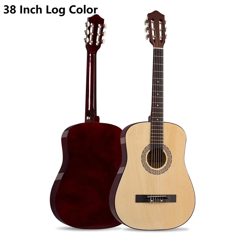 Guitare acoustique en bois avec une finition rouge foncé et un dessus en bois naturel clair, vue de face.