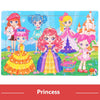 A wooden jigsaw puzzle featuring several animated princesses in colorful dresses and royal attire.