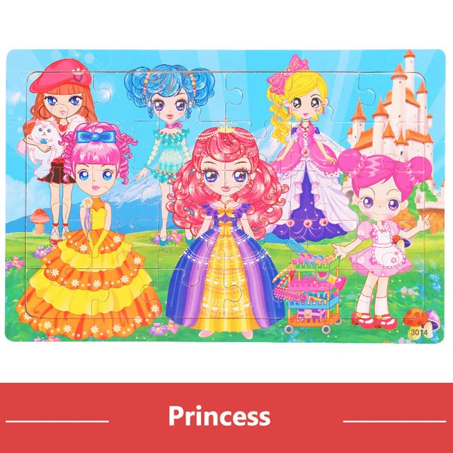 A wooden jigsaw puzzle featuring several animated princesses in colorful dresses and royal attire.