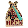A gold enamel pin featuring a stylized cat head design with red and black details and the name HECK.