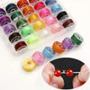 A plastic case filled with various colored elastic beading cords and a close-up of an orange bead string.