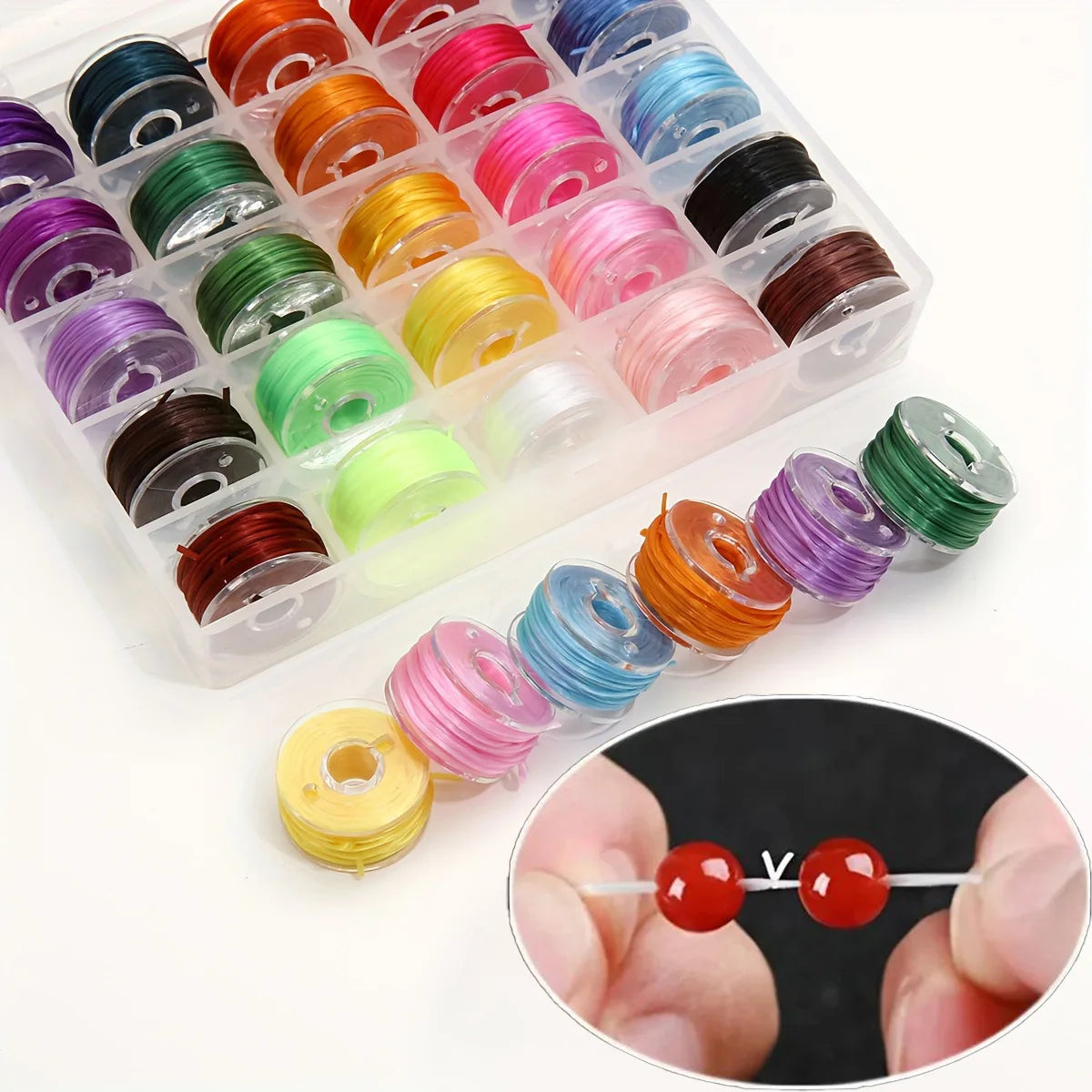 A plastic case filled with various colored elastic beading cords and a close-up of an orange bead string.