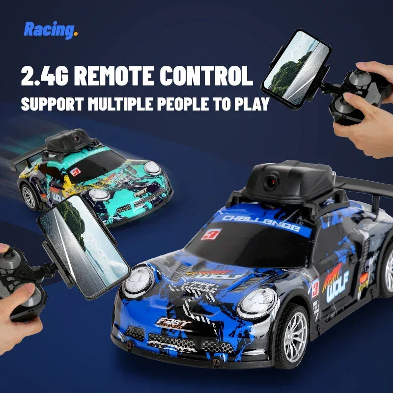 A black remote control car with an HD camera is shown alongside a separate controller, demonstrating 2.4G support for multipl