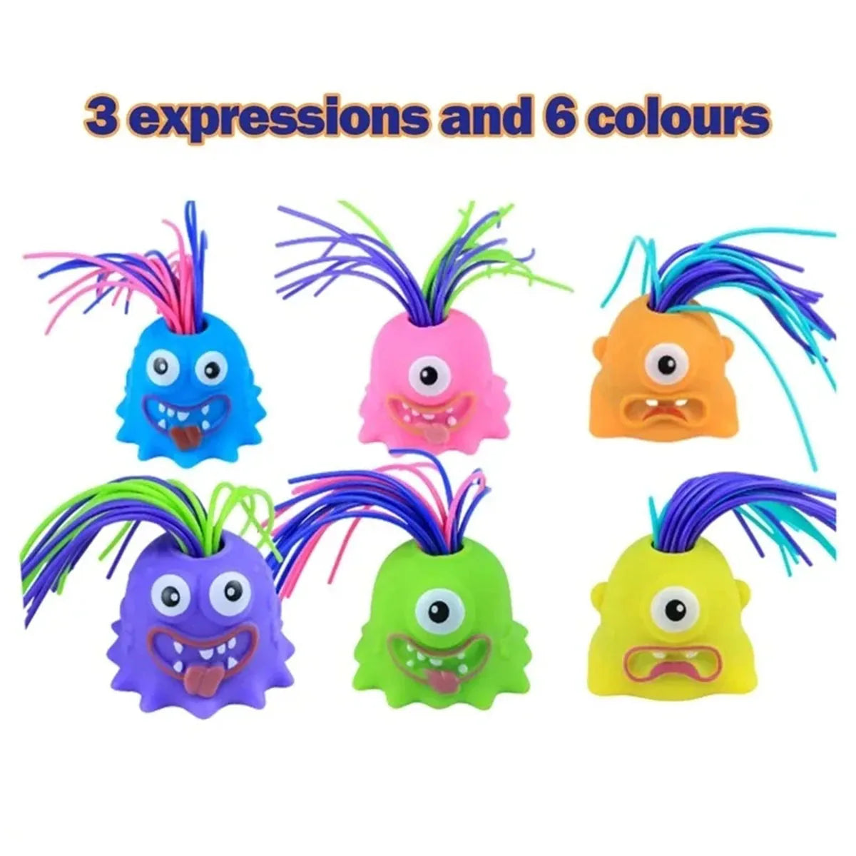 A set of 3 expressions and 6 colors of funny screaming monster stress relief toys.
