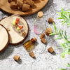 A set of four natural wood tapered bottle and test tube stoppers scattered on a gray surface with a glass bottle and wood sli