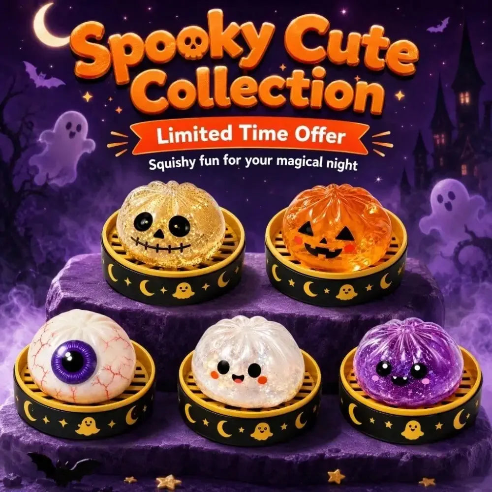 A collection of spooky cute Halloween-themed squishy toys including a pumpkin, ghost, and purple dumpling set against a dark 