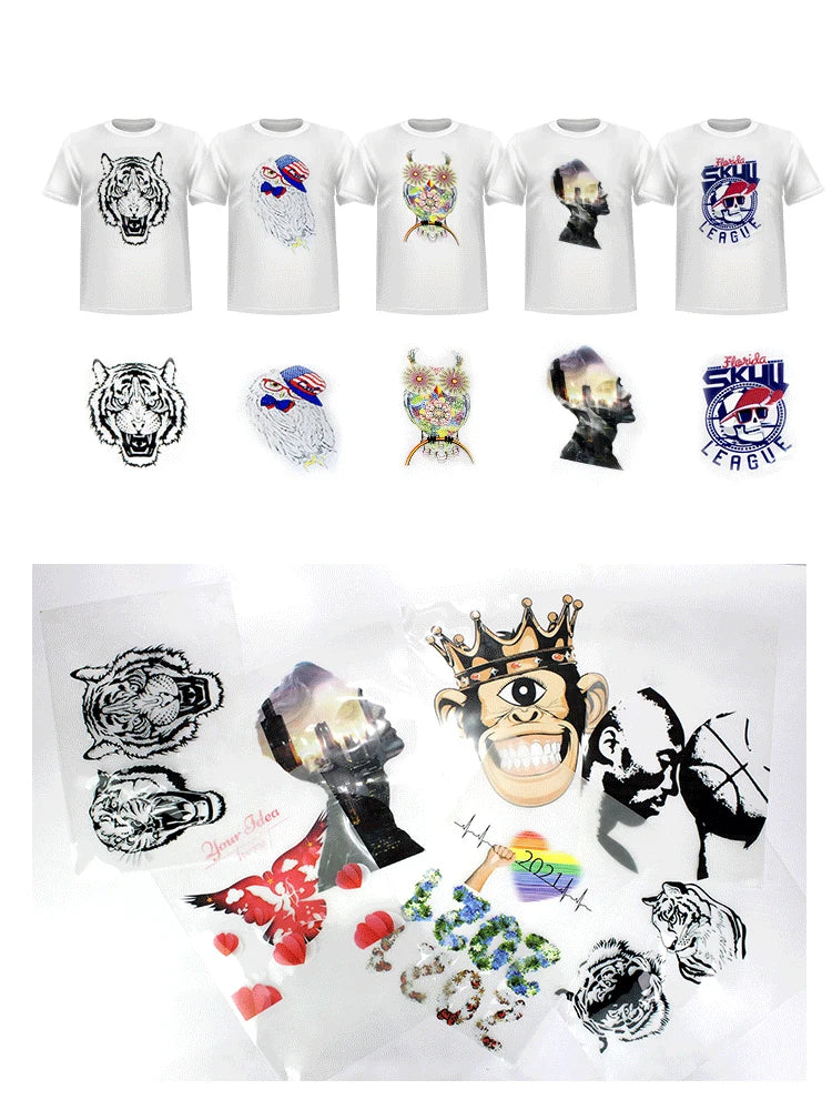 A set of black and white graphic DTF transfer film sheets featuring various animal and skull designs for custom printing.