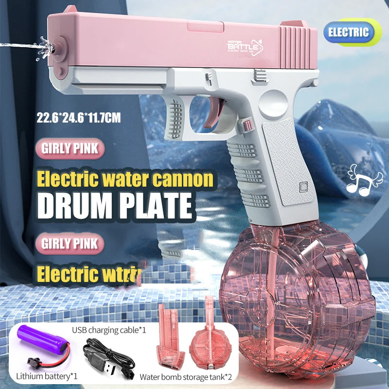 Pink electric water cannon toy gun with a drum plate and lithium battery storage