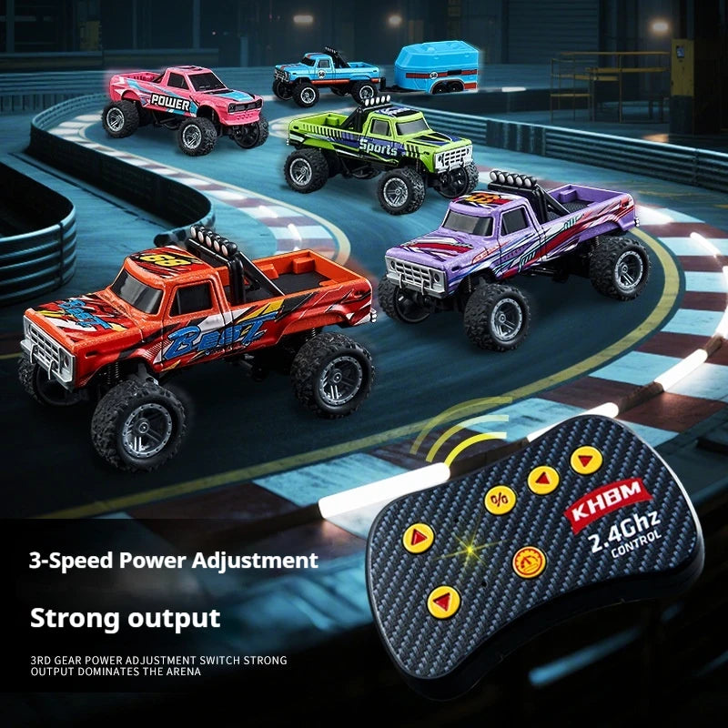 A collection of remote controlled monster trucks in various colors and configurations on a racetrack.