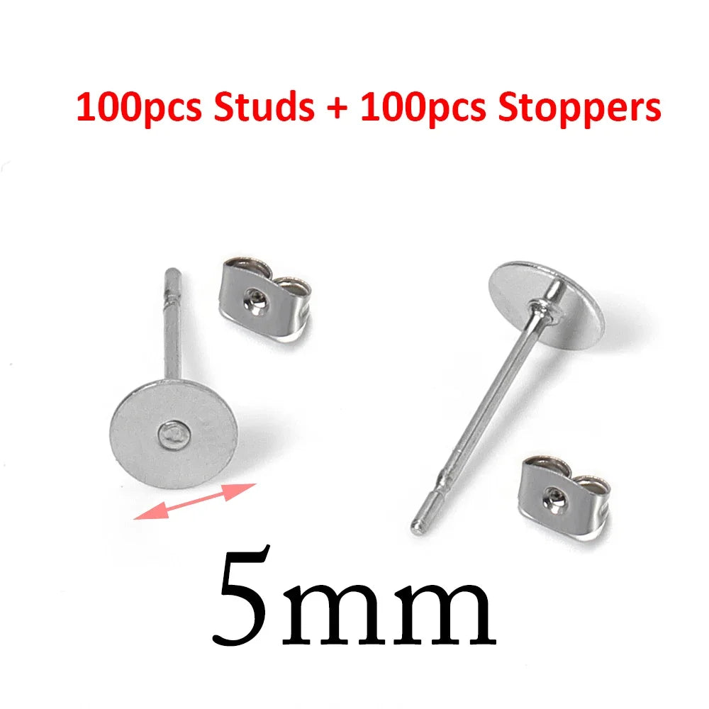 A set of 100 studs and 100 stoppers for DIY jewelry making, measuring 5mm.