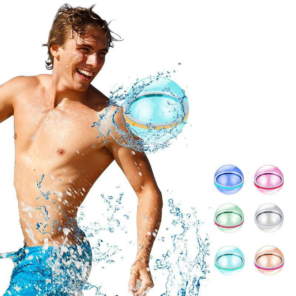 A young man is splashing water, surrounded by water balloons and splashes.
