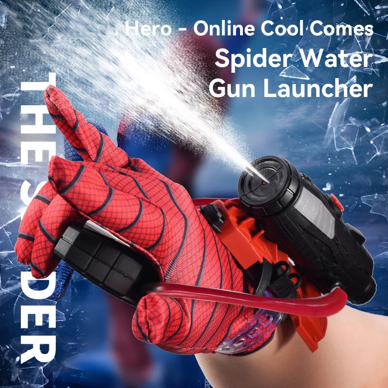 A hand wearing a red spider-patterned glove is launching a stream of water from a black gun launcher.