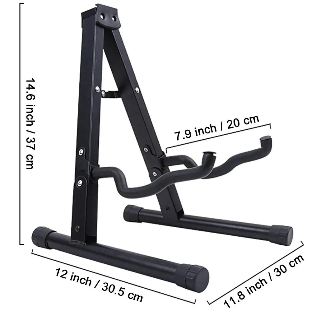 Black universal folding A-frame guitar stand with adjustable arms and support bars.
