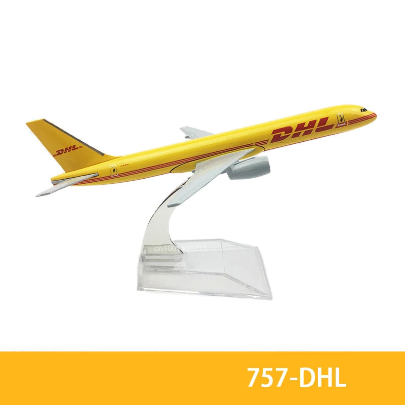 Yellow DHL airplane model in flight, a diecast collectible for aviation enthusiasts.