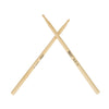 Pair of light wood maple drumsticks crossed against a white background.