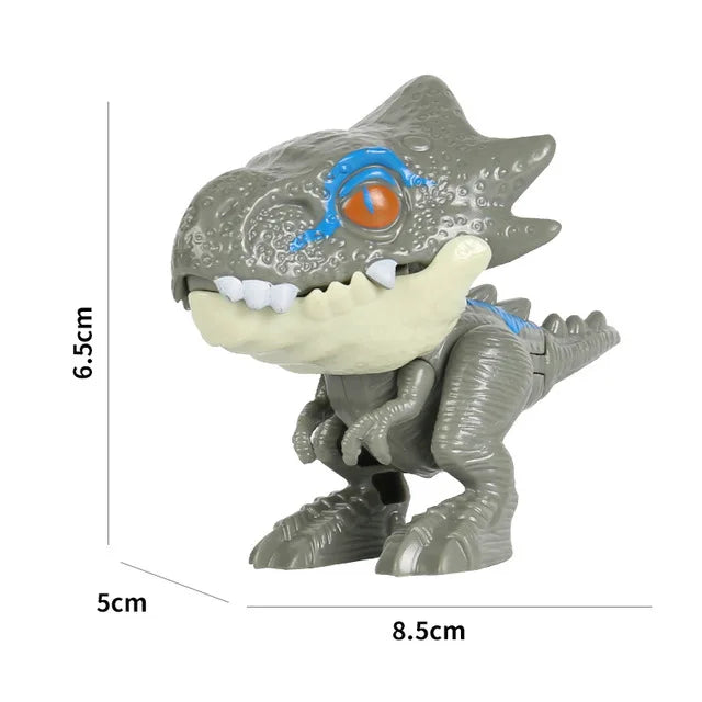 A gray finger dinosaur fidget toy with movable joints featuring an orange eye and white teeth.