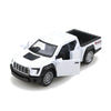 A white 1/36 scale die-cast metal F150 off-road pickup truck with a black bed and pullback action.
