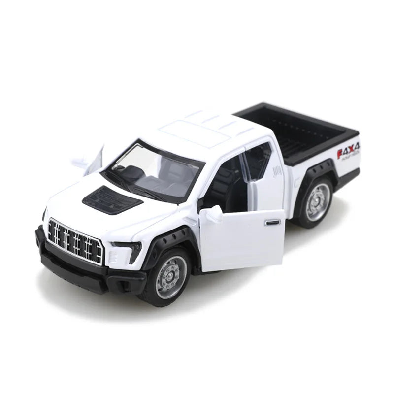 A white 1/36 scale die-cast metal F150 off-road pickup truck with a black bed and pullback action.