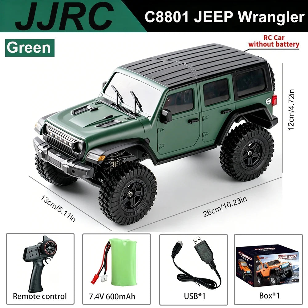 Green JJRC C8801 Jeep Wrangler RC car with accessories and box