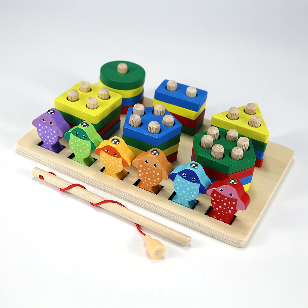 A set of colorful wooden blocks shaped like fish in geometric patterns used for an early learning puzzle game.