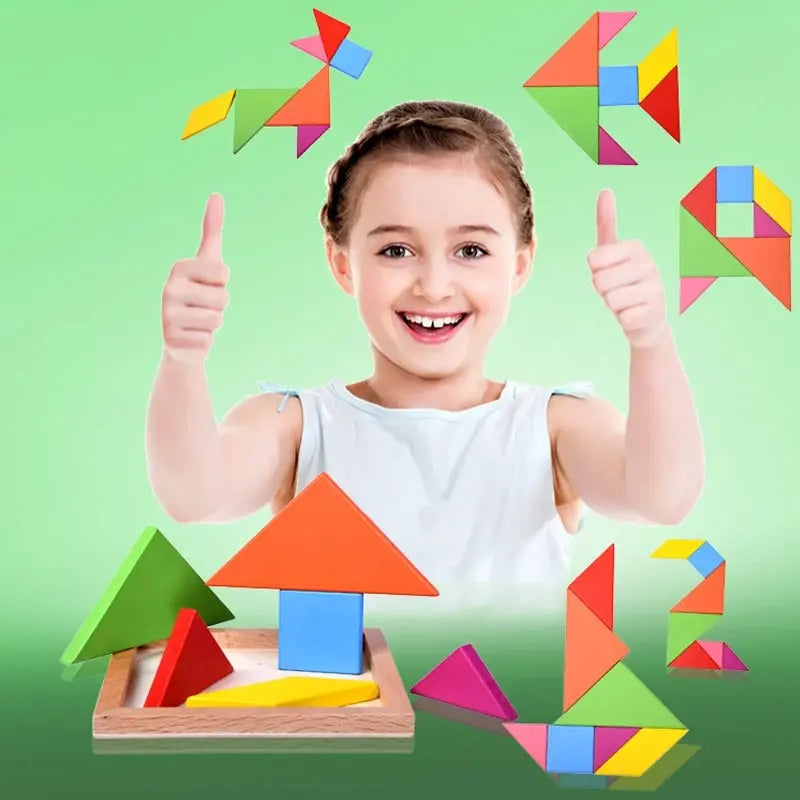 A smiling girl holds up two fingers while a wooden tangram puzzle is displayed below her.