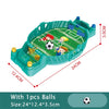 A green tabletop foosball game set with balls and rods, showing the playing field and surrounding structure.