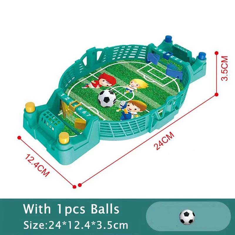 A green tabletop foosball game set with balls and rods, showing the playing field and surrounding structure.
